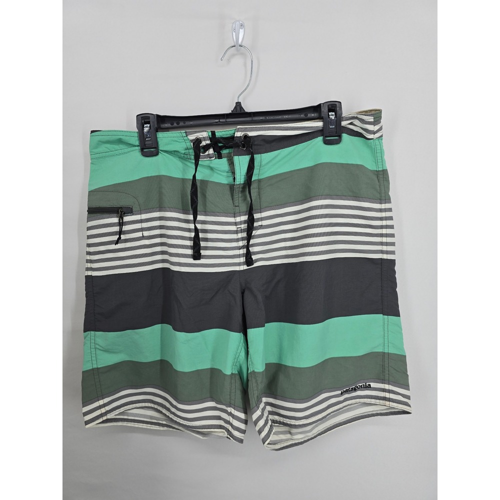 Patagonia Mens Striped Board Shorts Green Grey Swim Trunks Size 34